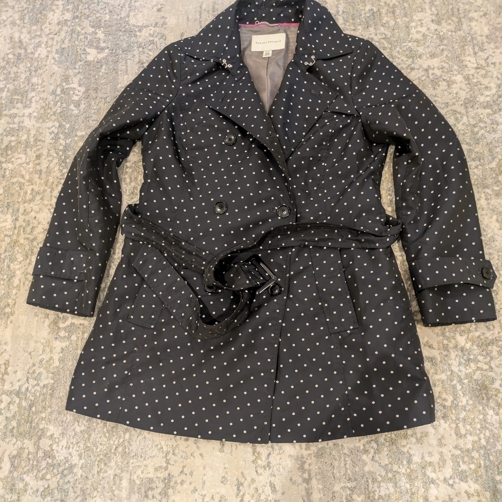 Banana Republic Polka Dot Trench Coat Blue White Belted Women’s M Rain Jacket - Picture 9 of 10